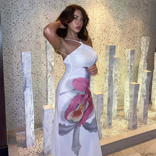 Vestido largo de verano para mujer, ajustado, sin espalda y con forro de cinta estampada