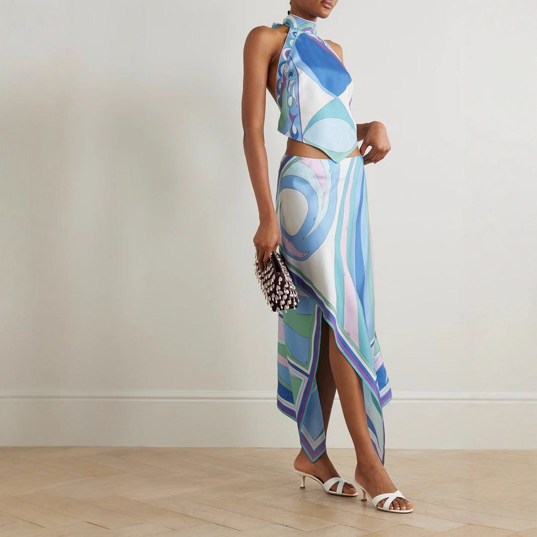 Summer Sexy Positioning Printing Satin Backless Top Irregular Asymmetric Skirt Two Piece Set