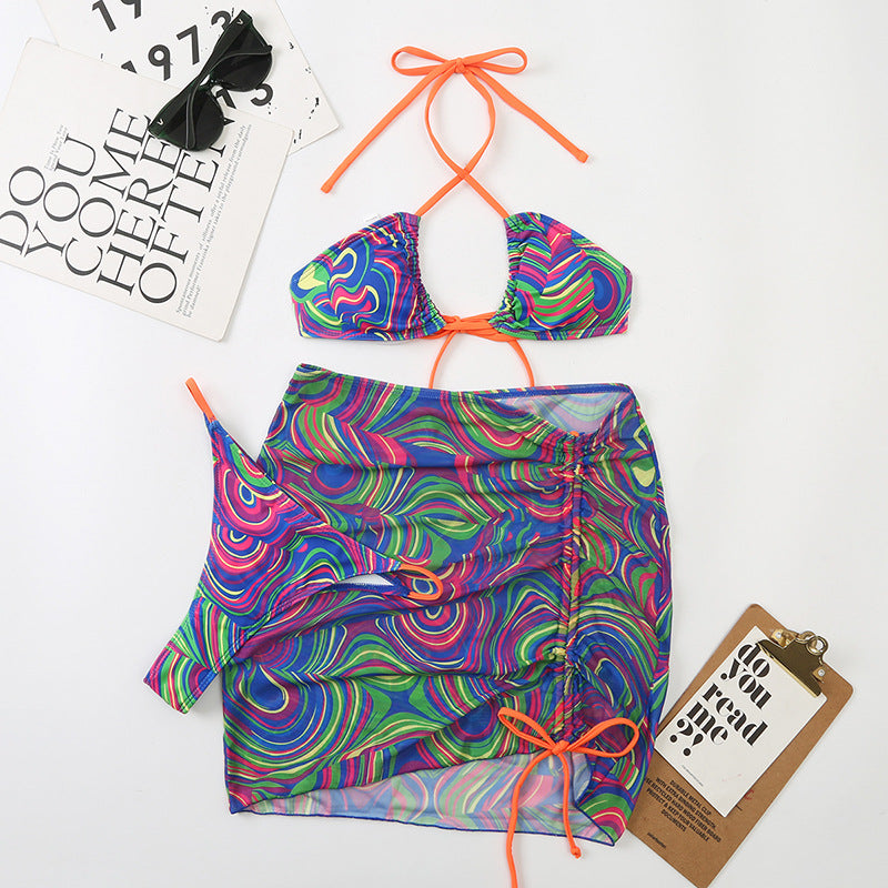 Traje de baño de bikini triangular con tirantes divididos de malla para mujer