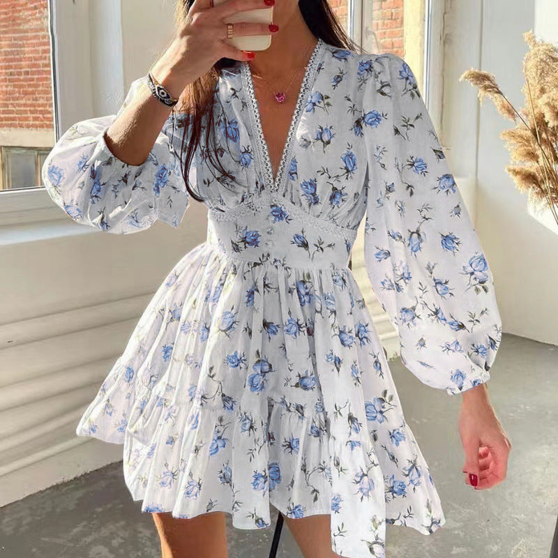 Vestido corto de primavera para mujer, elegante y dulce, con escote en V estampado y encaje en la cintura.
