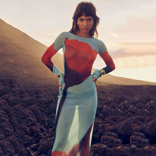 Vestido de verano con cuello redondo y estampado de malla sexy para mujer