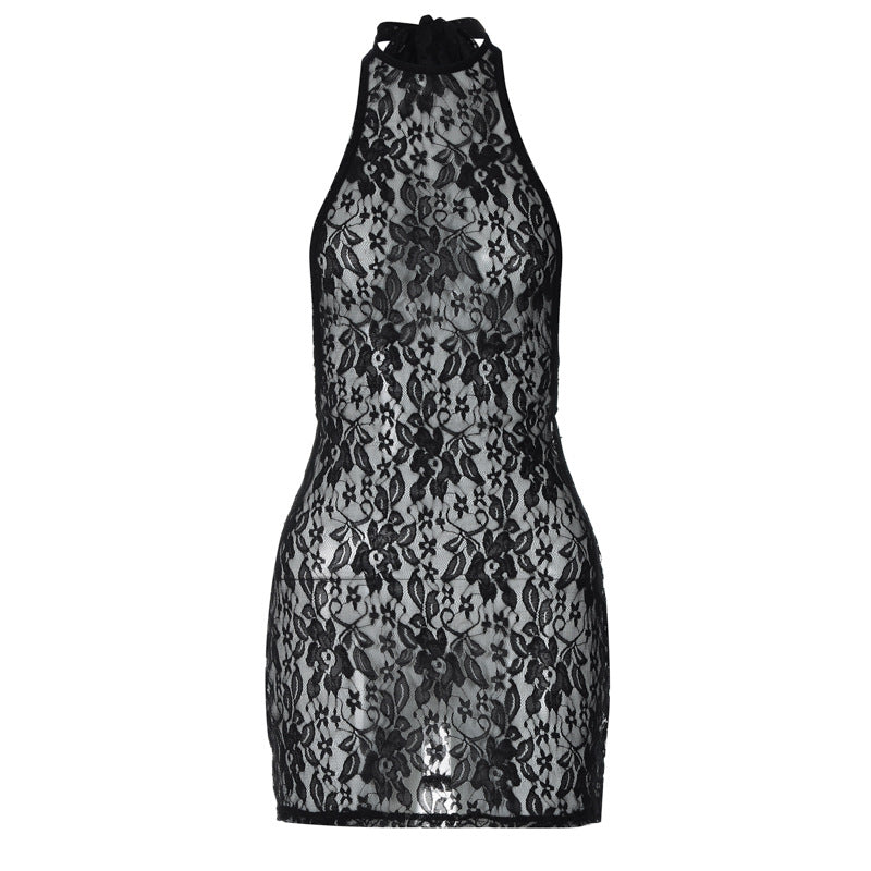 Vestido halter esencial de club nocturno ajustado con escote halter y encaje sexy sin espalda grande