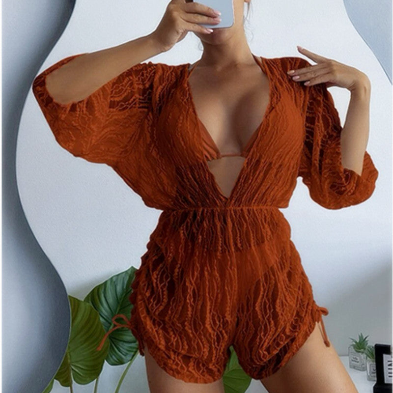 Traje de baño de malla con corsé de manga larga para mujer, blusa protectora solar con cordón de cintura alta, bikini de tres piezas