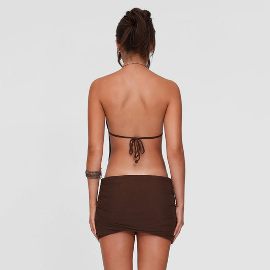 Vestido de verano para mujer, sexy, con aros de metal, cuello halter, espalda descubierta, con cordones y cadera.