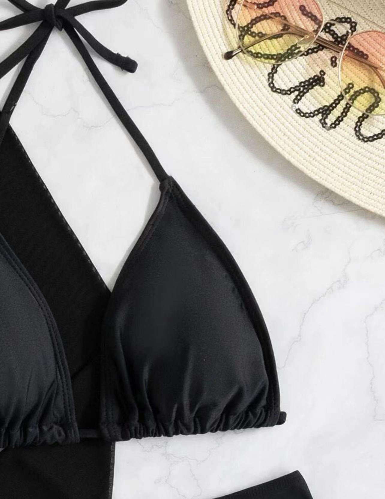 Traje de baño de tres piezas para mujer, bikini sexy de color liso, blusa adelgazante, traje de baño