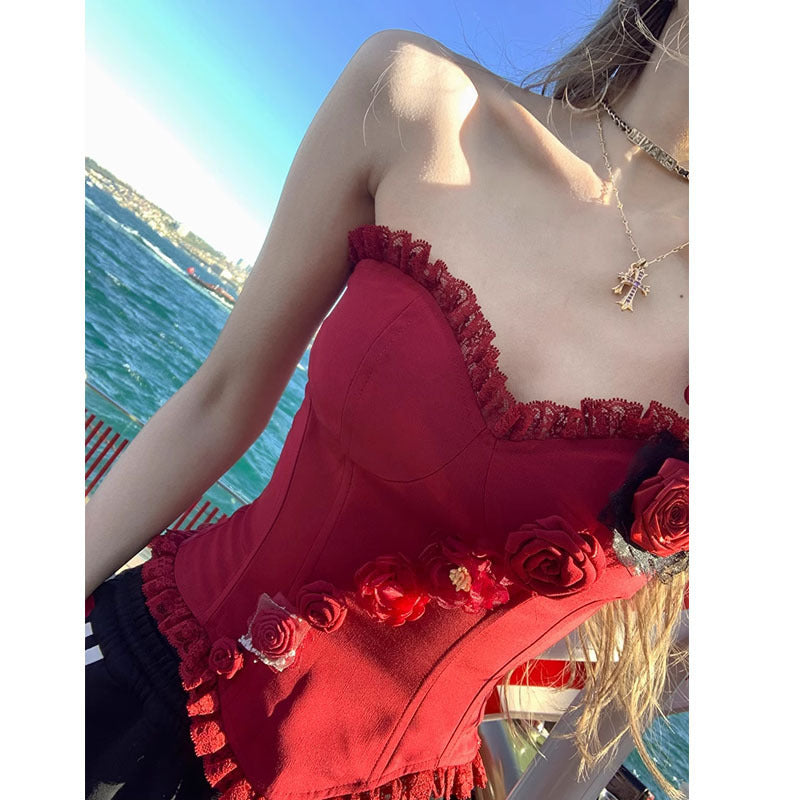 Sexy Street Red Women Three Dimensional Handmade Lace Boning Corset Advanced Tube Top