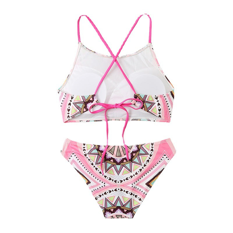 Traje de baño de bikini con bolsillos triangulares divididos con tabla fija con impresión digital para mujer, traje de baño de playa para natación