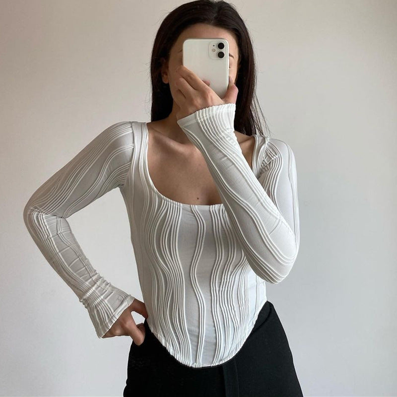 Summer French Design Pleated U Collar Simple Solid Color Slim Fit Long Sleeves Top Women