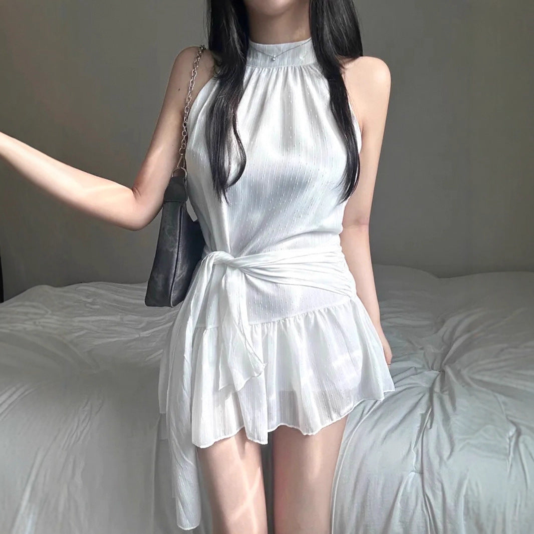 Gentle Girlish Halter round Neck Sleeveless Dress Waist Controlled Lace up Short Double Layer Flounced