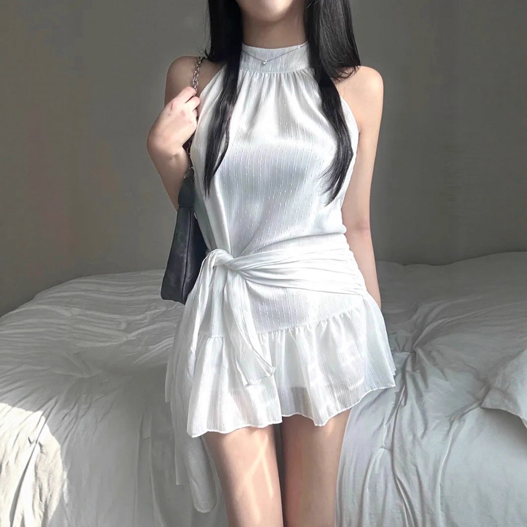 Gentle Girlish Halter round Neck Sleeveless Dress Waist Controlled Lace up Short Double Layer Flounced