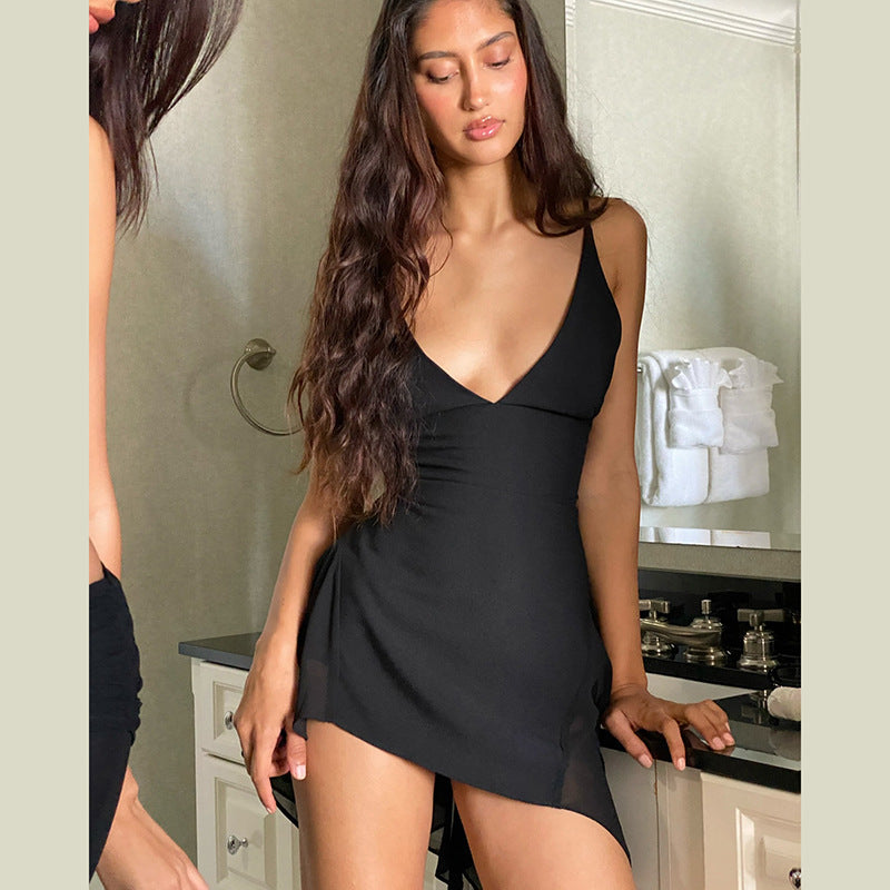 Spring Women Clothing Solid Color Sexy Backless Scarf Collar Slim Fit Slimming Spaghetti Straps Dress Women