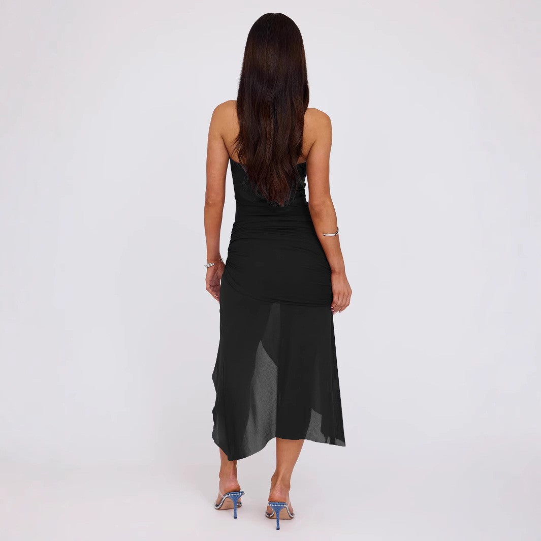 Vestido asimétrico irregular de malla con retazos ajustados sin espalda y top de tubo sexy de verano para mujer