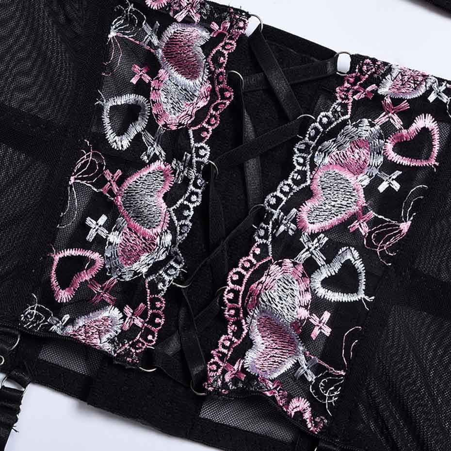 Mesh Love Embroidery Waist Shaping Garter Three-Piece Set Sexy Suit