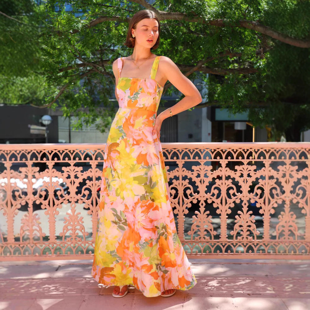 Summer Vacation Strap Dress Floral Swing Dress