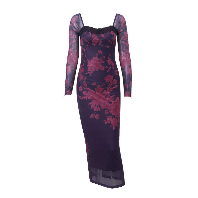 Vestido de otoño sexy vintage con estampado de encaje, ajustado, con abertura y manga larga para mujer