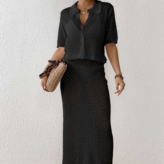 Women Women Clothing Sexy Woven Hollow Out Cutout out Polo Collar Button Short Top Skirt Two Piece Sets