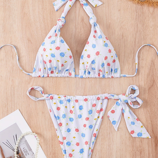 Bikini licou à col noué et motif floral pour femme