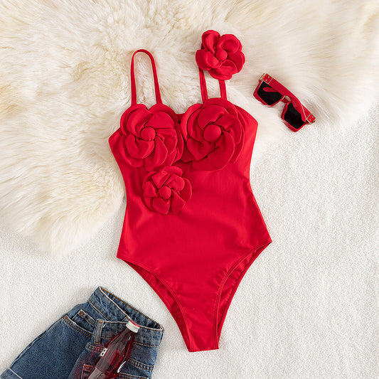 Traje de baño de una pieza con top de tubo y estampado floral 3D de color liso para mujer