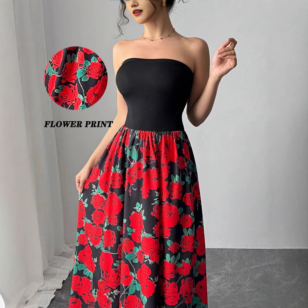 Spring Summer Elegant Lady Rose Print Short Stitching Bandeau Sexy Maxi Dress Vivish