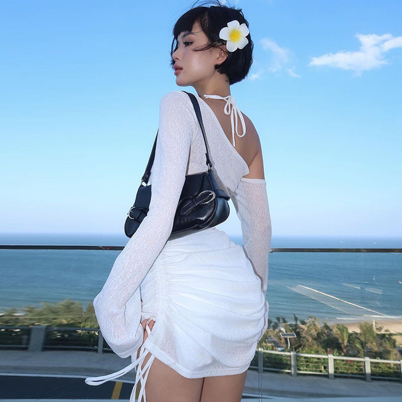 Vestido plisado transparente de manga larga con hombros descubiertos y sexy para mujer