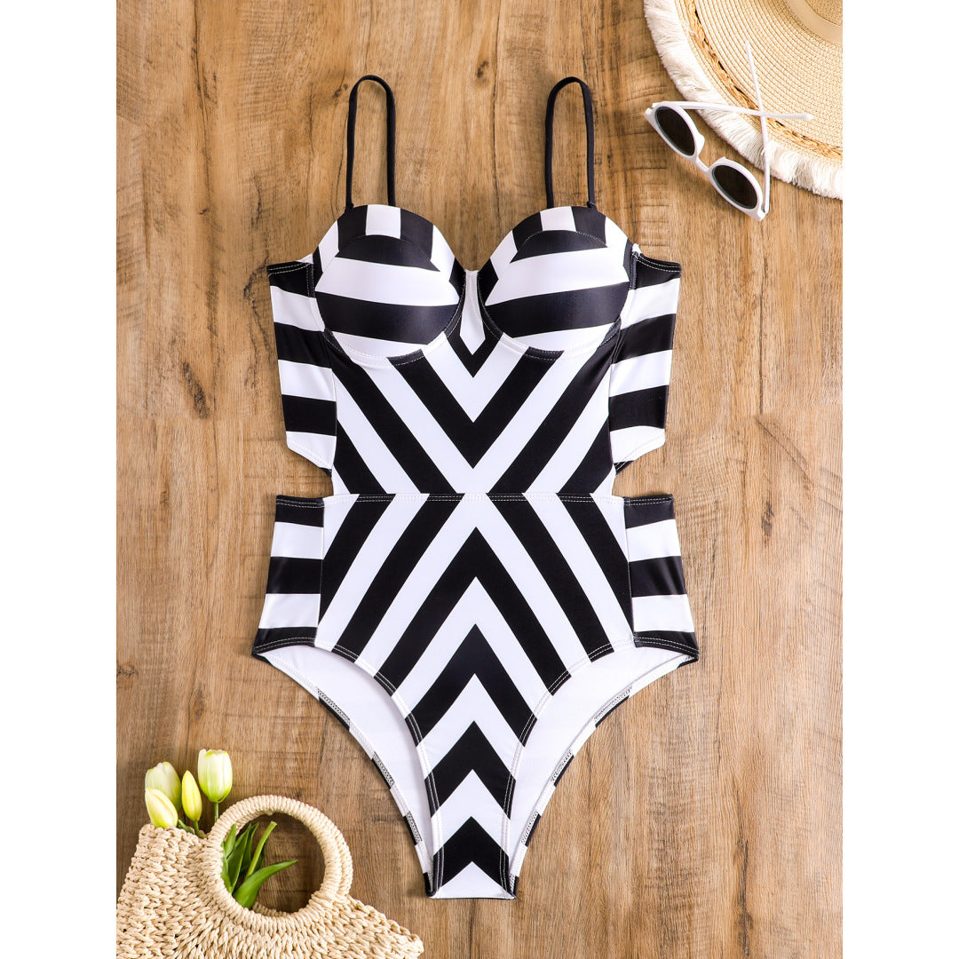 Traje de baño bikini con estampado geométrico abstracto y soporte de acero, traje de baño push up