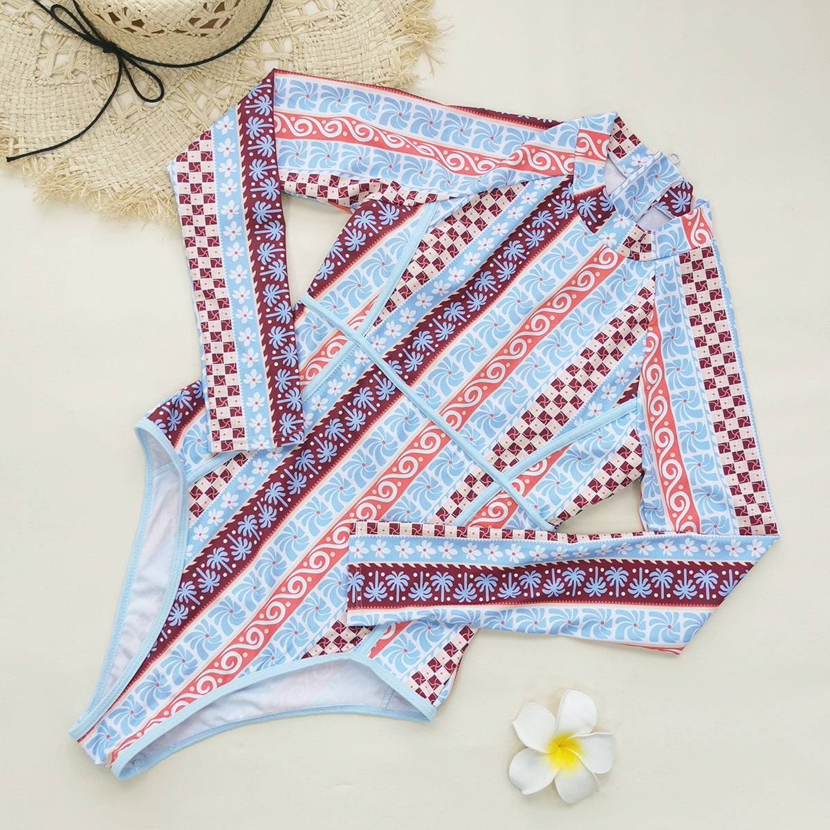 Striped Printed Long Sleeve Zipper Briefs Surfing Set One Piece Swimsuit Women Thunder