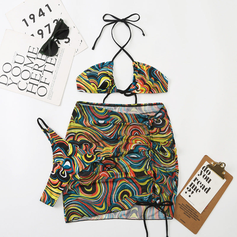 Traje de baño de bikini triangular con tirantes divididos de malla para mujer