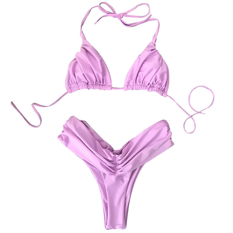 Bikini sexy plisado de color sólido para mujer, traje de baño separado, bikini