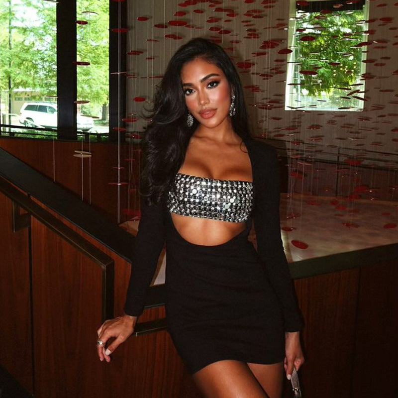 Vestido sexy con corsé y escote en V para mujer, ropa de discoteca, con diamantes de imitación, ahuecado y ceñido en la cadera.