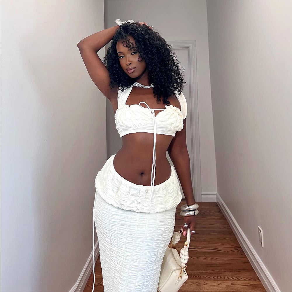 Women Clothing Autumn Lace up Cropped Pleated Sexy Skirt Set