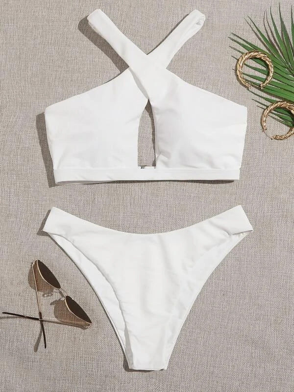 Traje de baño dividido sexy para mujer, bikini de color sólido, bikini de dos piezas, traje de baño halter cruzado para mujer