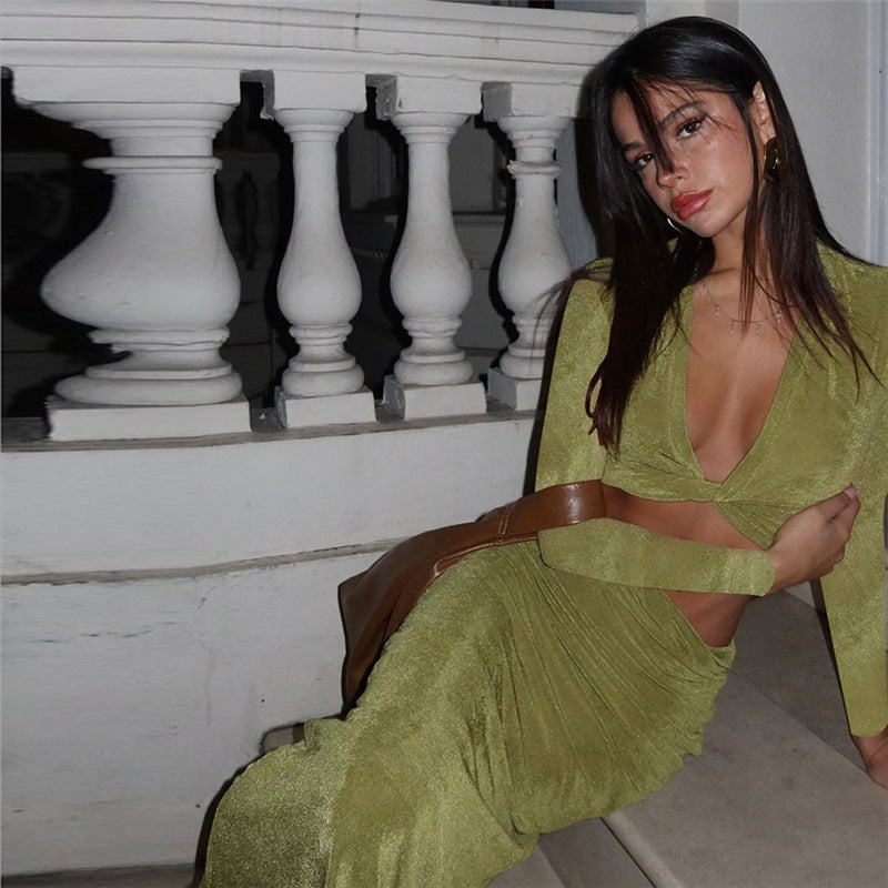 Autumn Winter Women Clothing Sexy Deep V Plunge neck Solid Color Slim Fit Sheath Long Sleeve Dress Women