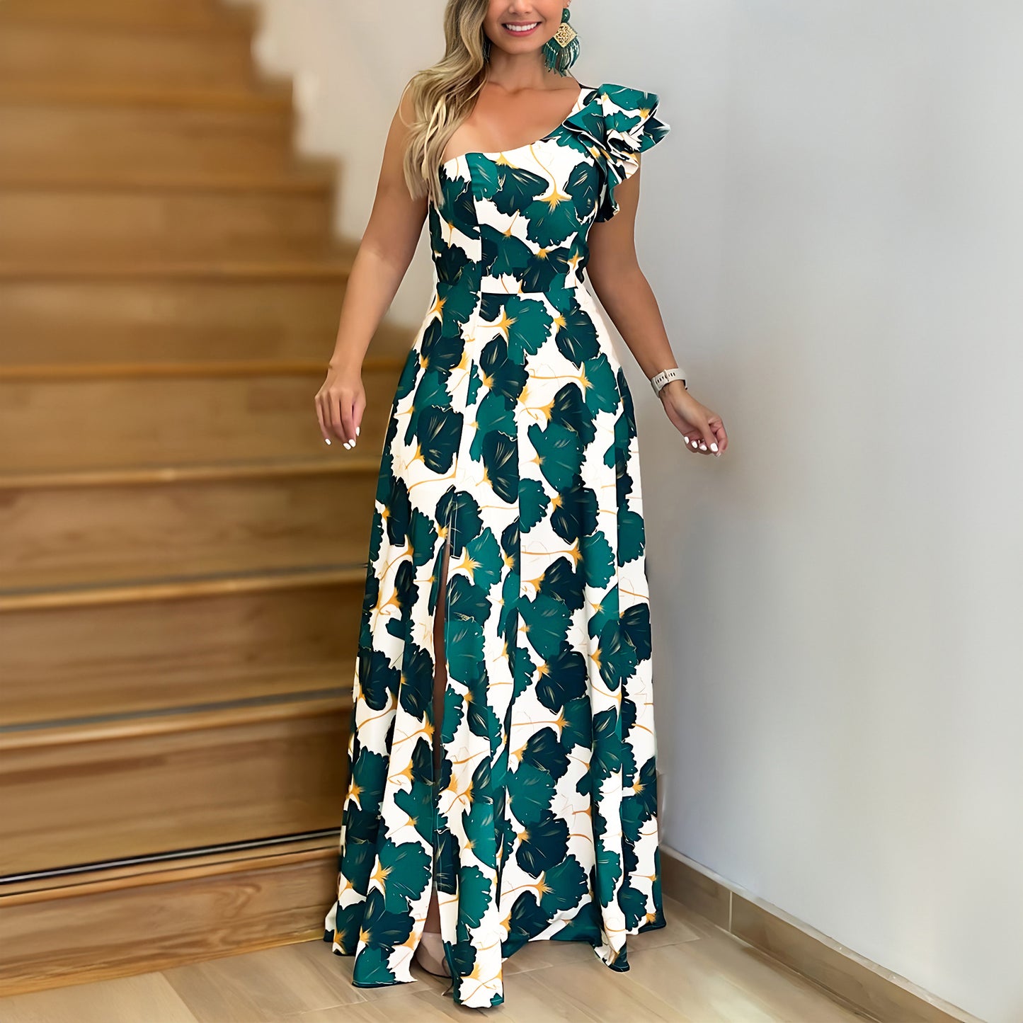 Vestido elegante de mujer con hombros descubiertos, manga corta y abertura alta, vestido sexy