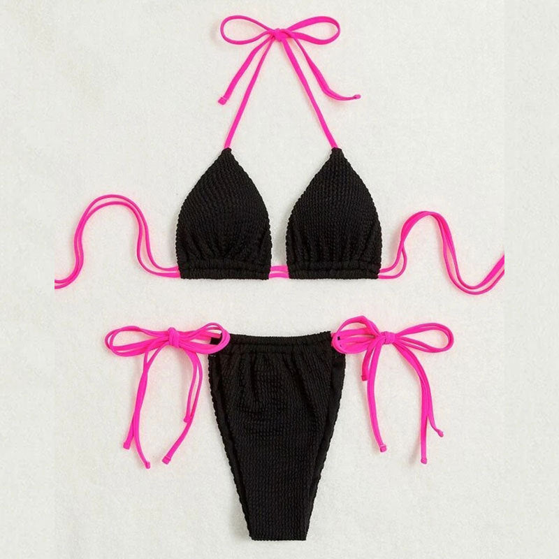 Traje de baño sexy con cuello halter y cordones para mujer, bikini triangular de cintura alta de color liso