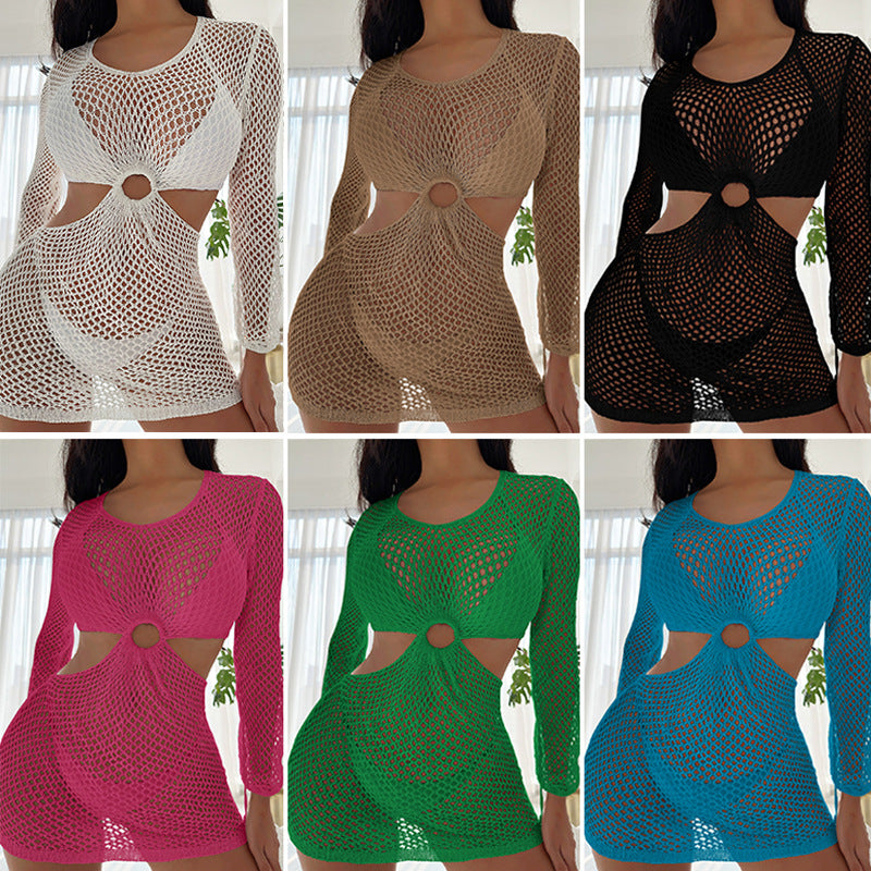 Casual Holiday Short Dress Sexy Slim Waist Hollow Out Cutout round Neck Slim Fit Long Sleeved Sunscreen Beach Dress Crochet hook