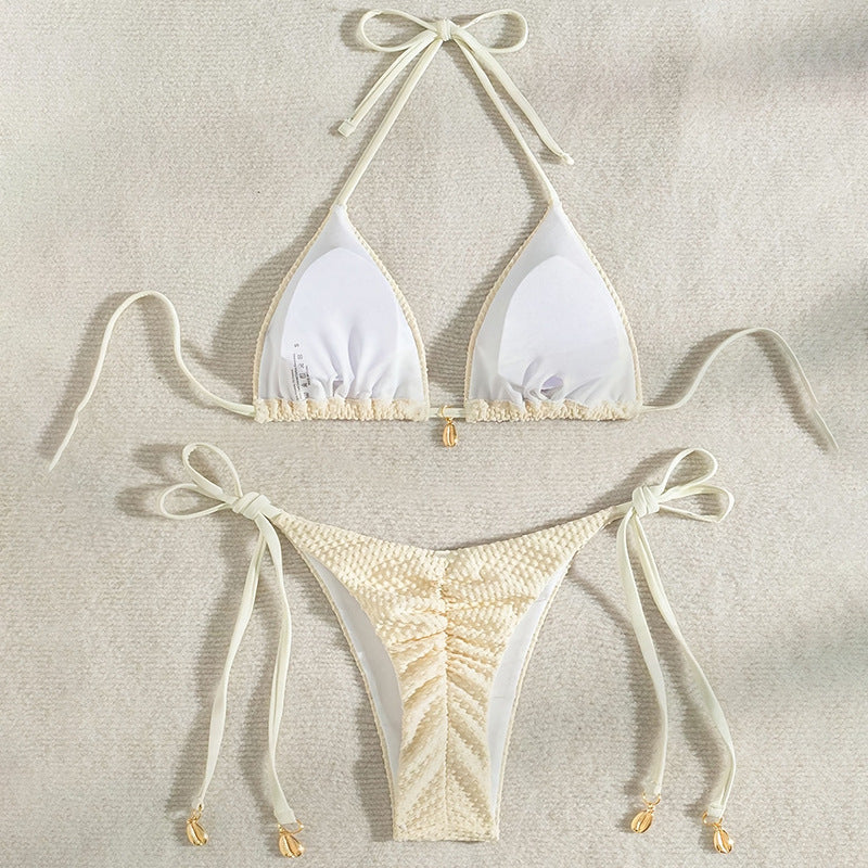 Bikini de color liso con lazo y abertura para mujer, traje de baño de playa de primavera
