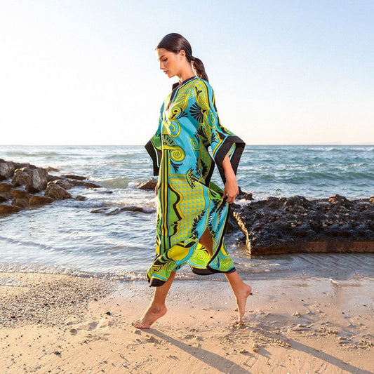 Positioning Printing Ethnic Beach Cover up Loose Robe Sun Protection Shirt Beach Cover Up