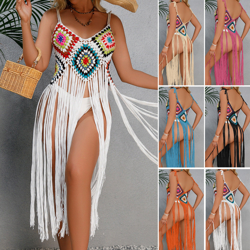 Sexy Hand Crocheting Tassel Beach Mid Length Dress Floral Block Beach Beach Cover Up Sun Protective Clothing