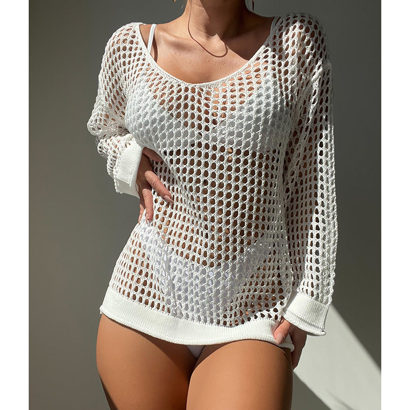 Summer Vacation Sexy Cutout Big round Neck Loose Pullover Bikini Sunscreen Knitted Beach Cover up Crochet hook