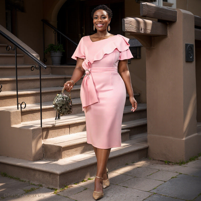 Asymmetric Collar Ruffled Dress Elegant Socialite Hip Dress