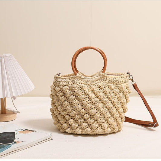 Sac à bandoulière en paille avec anneau en bois, sac en paille portable, sac tissé, sac de vacances, sac de plage pour femme