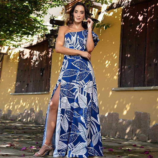 Maillot de bain une pièce imprimé à manches bouffantes et à une épaule pour femme