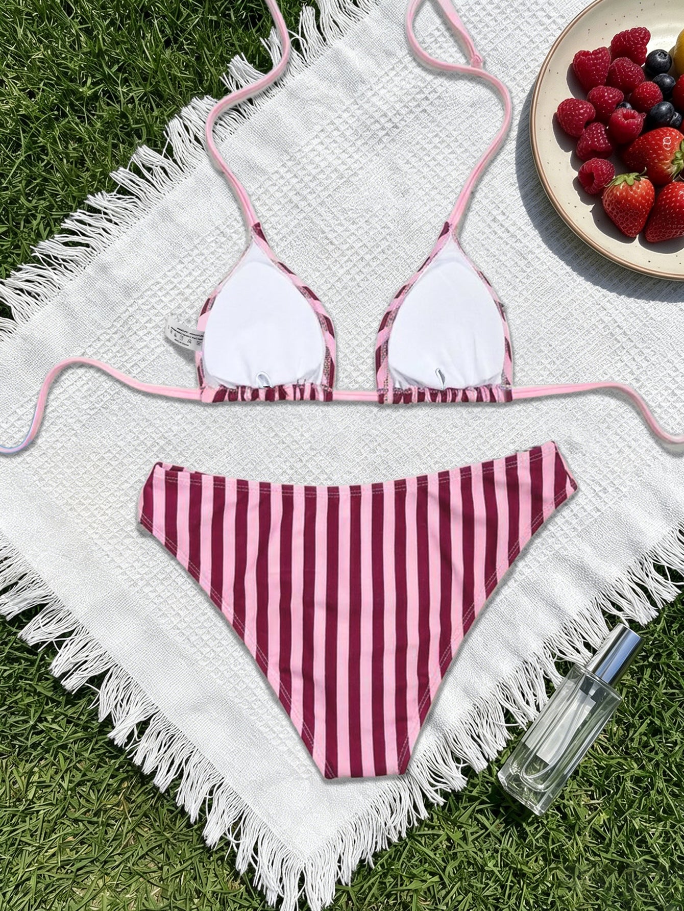 Striped Printed Bikini Triangle Cup Lace up Sexy Backless Split Bikini Swimsuit WithWind