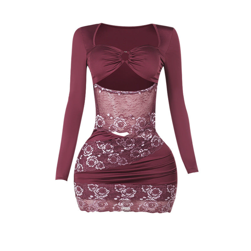 Robe sexy à manches longues en dentelle ajourée et découpée pour femme