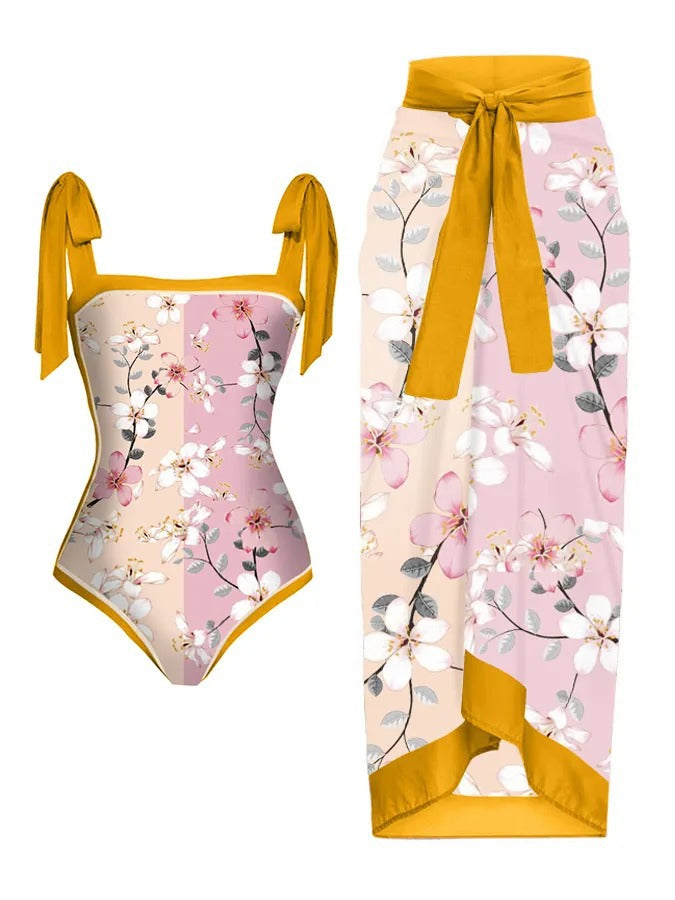 Traje de baño de una pieza de dos piezas con estampado personalizado y falda de cadera conservadora.