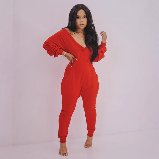 Women Clothing V neck Jumpsuit Sexy Sweatshirt Jumpsuit Long Sleeve Autumn Winter Pajamas