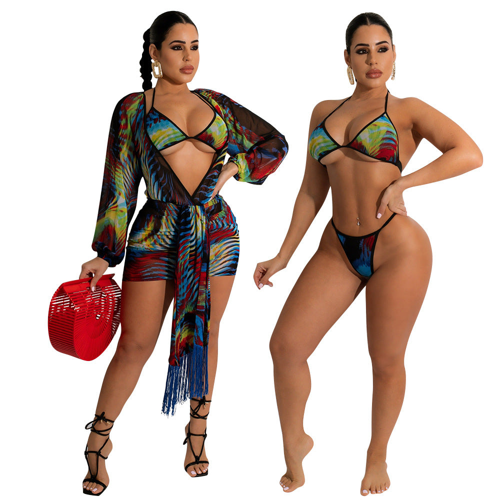 Summer Women Clothing Sexy Mesh See-through Swimsuit Bikini Three-Piece Suit