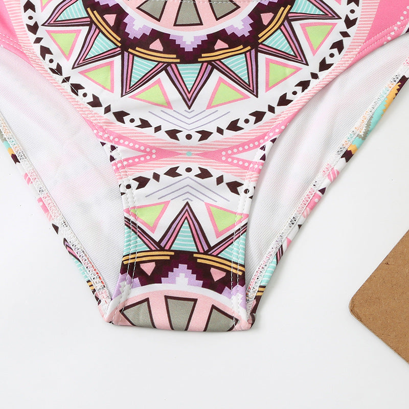 Traje de baño de bikini con bolsillos triangulares divididos con tabla fija con impresión digital para mujer, traje de baño de playa para natación