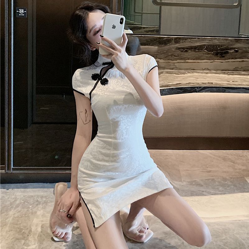 Summer Sexy High Waist Slimming Tight Improved Frog Buckle Dress Split Retro Cheongsam