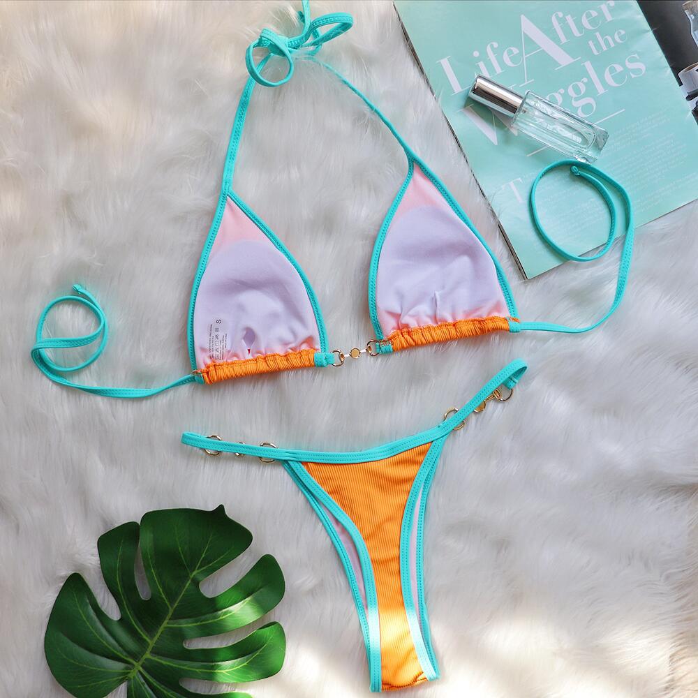 Bikini sexy con parches de metal y accesorios de perlas para mujer, traje de baño dividido para vacaciones
